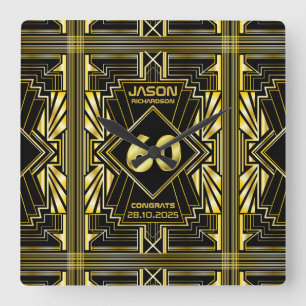 Relógio Quadrado 60º aniversário Art Deco Excelente negro Dourado