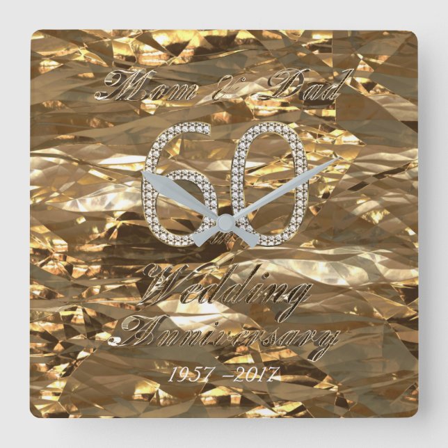 Relógio Quadrado 60º Aniversário de Casamento Diamond Pais (Frente)