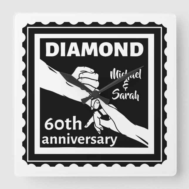 Relógio Quadrado 60.º aniversário de casamento em diamante tradicio (Frente)