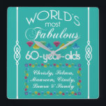 Relógio Quadrado 60th Birthday Most Fabulous Group of Friends Gems<br><div class="desc">Celebrate the milestone birthday of your favorite group of senior citizens with this fun gift reminding them of how fabulous they are. White and grey lettering with colorful diamond-cut gems in rainbow tones. Customize with names, initials or other text. This series is in increments of 5 years (95, 90, 85,...</div>
