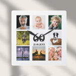 Relógio Quadrado 60th birthday photo collage guy<br><div class="desc">A wall clock as a gift for a 60th birthday for a guy,  celebrating his life with a collage of 8 of your own photos.  Templates for a name,  age 60 and a date.  Date of birth or the date of the anniversary.  Black colored letters.  White background.</div>