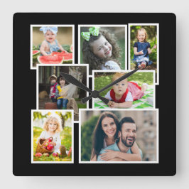 Relógio Quadrado 7 Colagem de Fotos Preto Crie o seu