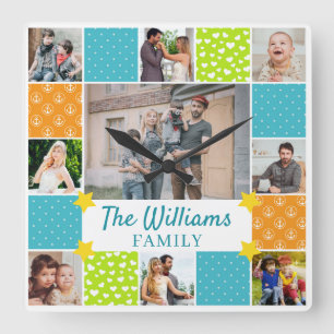 Relógio Quadrado 9 Foto Personalizada Família de Estilos do Scrapbo