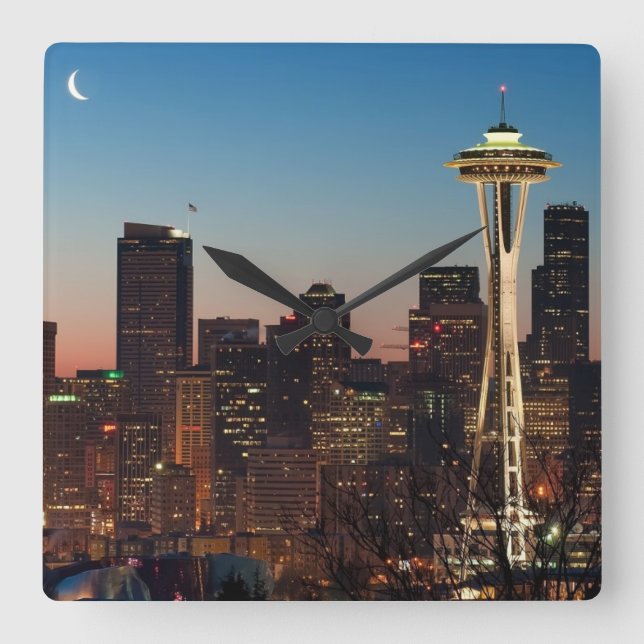 Relógio Quadrado A bandeira americana voa entre a lua da ascensão (Frente)