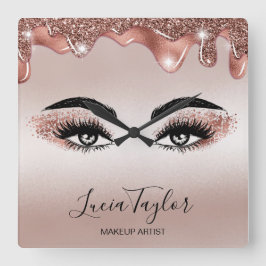 Relógio Quadrado A beleza da maquiagem trava Rosa, gotas Douradas b