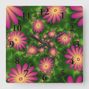 Relógio Quadrado A fantasia cor-de-rosa floresce a arte abstrata