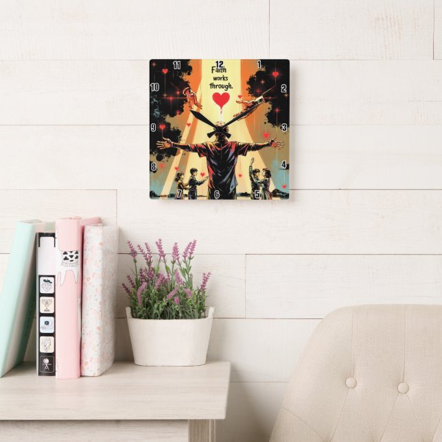 Relógio Quadrado A fé funciona através do amor. Galatianos 5:6 (Sala de leitura)