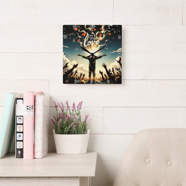 Relógio Quadrado A fé funciona através do amor. Galatianos 5:6 (Sala de leitura)