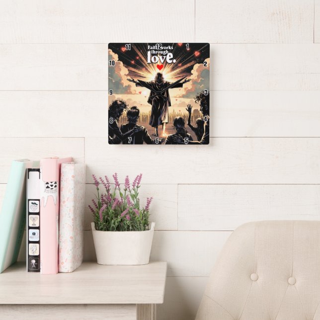 Relógio Quadrado A fé funciona através do amor. Galatianos 5:6 (Sala de leitura)