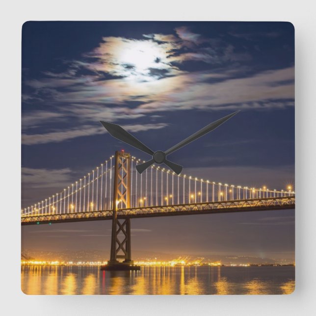 Relógio Quadrado A lua esta noite sobre a ponte de Bay (Frente)