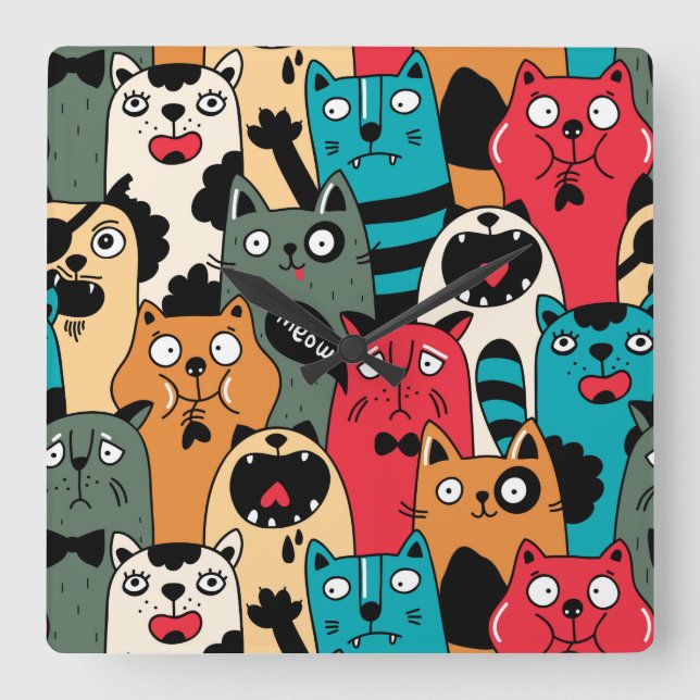 Relógio Quadrado A multidão de gatos (Frente)