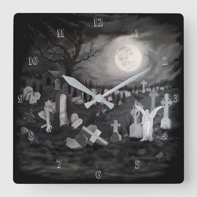 Relógio Quadrado À noite no cemitério - Anjo com o Diabo (Frente)