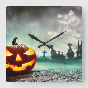 Relógio Quadrado Abóbora de Halloween luminosa do SlipperyJoe's wa