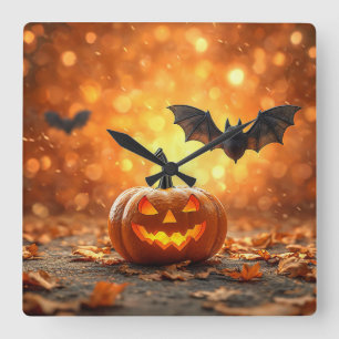 Relógio Quadrado Abóbora e morcego de Halloween