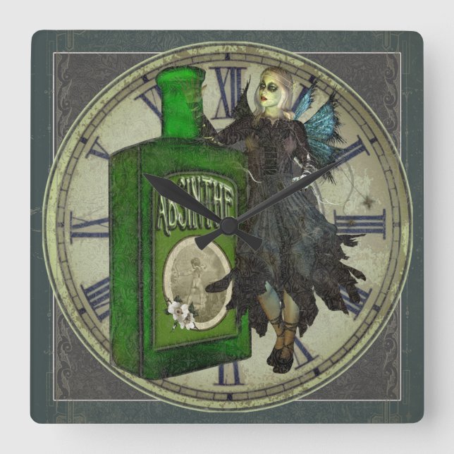 Relógio Quadrado Absinthe Fairy - La Fée Verte - Fada Verde (Frente)