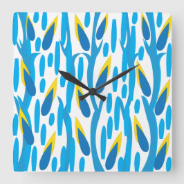 Relógio Quadrado Abstrato Amarelo Azul Deixa a Natureza da Vintagem