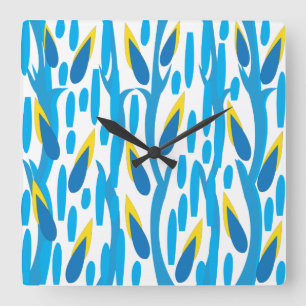 Relógio Quadrado Abstrato Amarelo Azul Deixa a Natureza da Vintagem