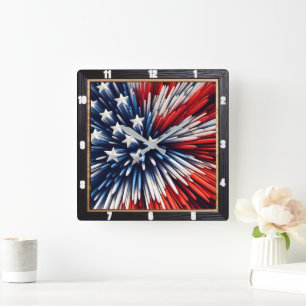 Relógio Quadrado Abstrato Americano Flag Spiked Design