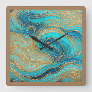Relógio Quadrado Abstrato Art Pour Aqua Blua Dourado Wall Clock
