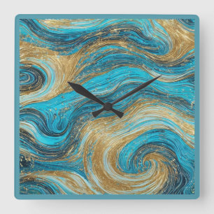 Relógio Quadrado Abstrato Art Wall Clock White Aqua Blues
