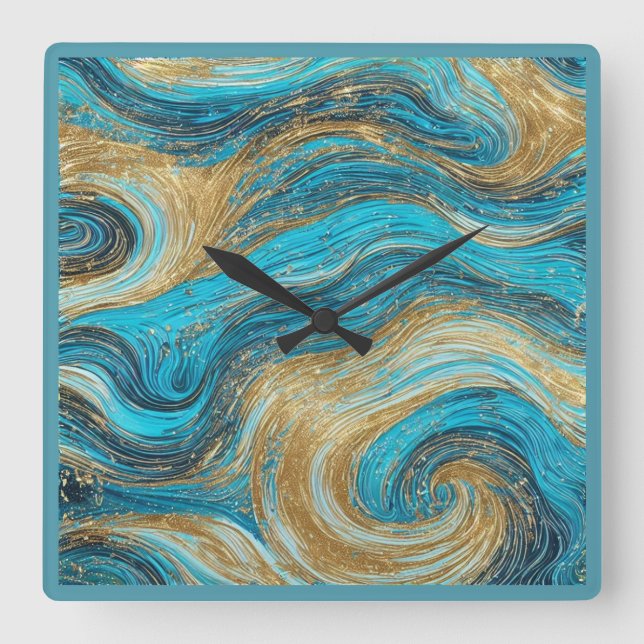 Relógio Quadrado Abstrato Art Wall Clock White Aqua Blues (Frente)