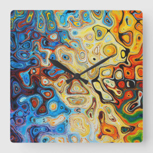 Relógio Quadrado Abstrato Art Yellow Orange Blue Swirls