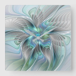 Relógio Quadrado Abstrato Azul Borboleta Verde Fantasia Arte Fracta