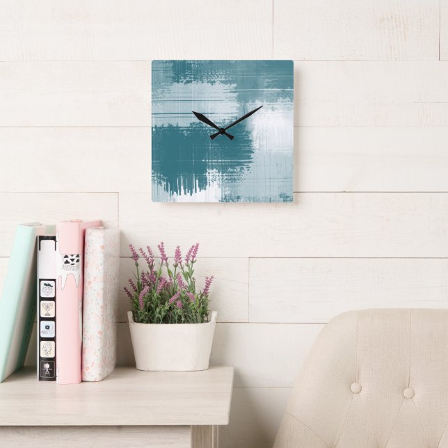 Relógio Quadrado Abstrato Branco Teal Brushstrokes (Sala de leitura)