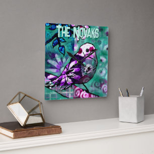 Relógio Quadrado Abstrato Caprichoso Floral Pássaro Personalizado