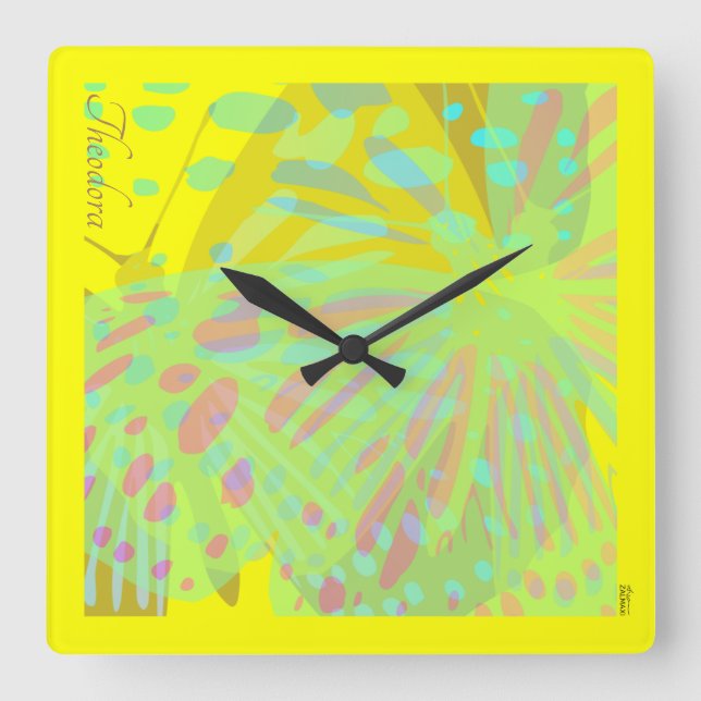 Relógio Quadrado Abstrato Chic Borboleta Dourada Amarelo Violeta (Frente)