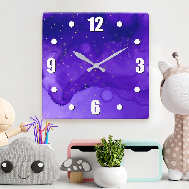 Relógio Quadrado Abstrato de Aquarela Roxa com Estrelas Glitter Dou (Criador carregado)
