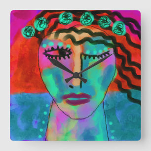 Relógio Quadrado Abstrato de Arte Original para Crianças Flores