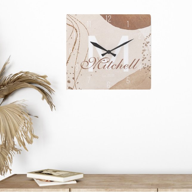 Relógio Quadrado Abstrato de Monograma Personalizado Moderno (Criador carregado)