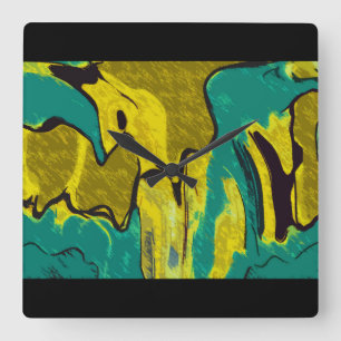Relógio Quadrado Abstrato de Teal Amarelo da Mostarda