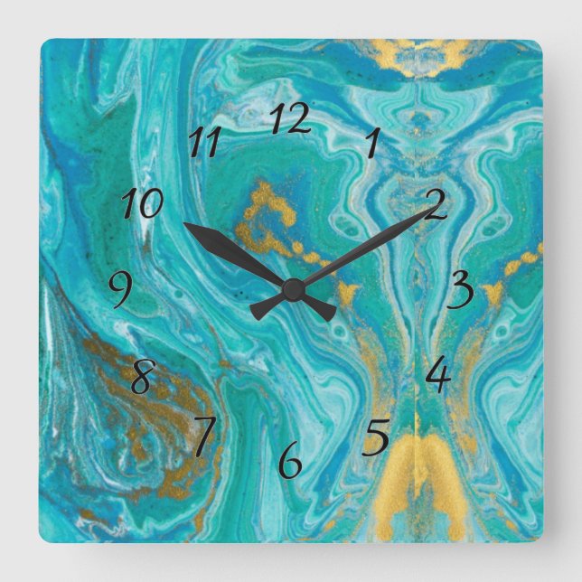 Relógio Quadrado Abstrato Dourado Marble Turquoise (Frente)