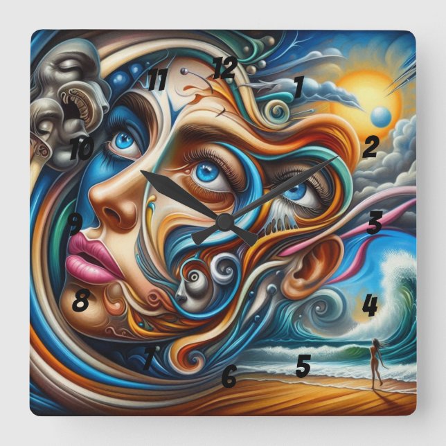 Relógio Quadrado Abstrato Dreamscape Ocean Serenity & Cosmic Wonder (Frente)