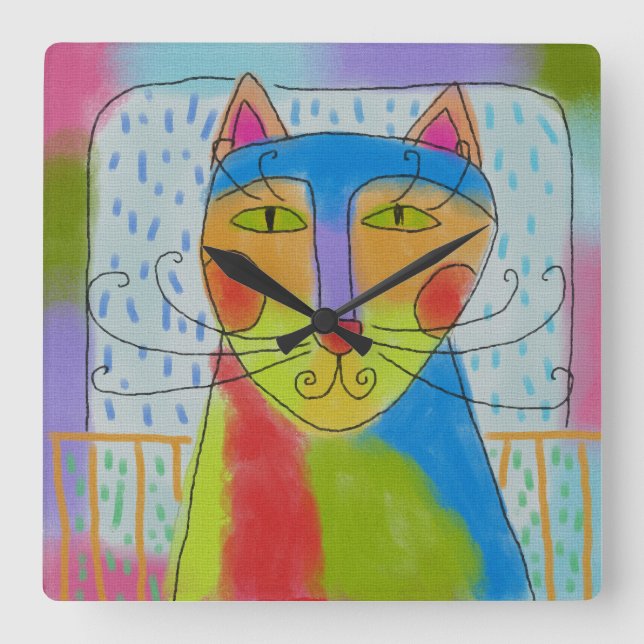 Relógio Quadrado Abstrato Funky Cat Art Square Wall Clock (Frente)