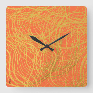 Relógio Quadrado Abstrato Laranja Dourado Chic