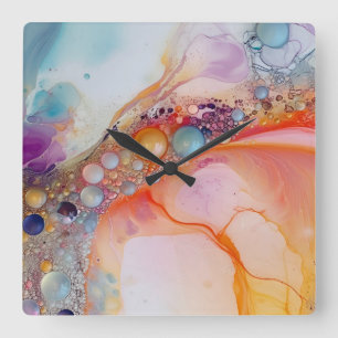 Relógio Quadrado Abstrato Liquid Pour Art Beach Vibes, Células de P
