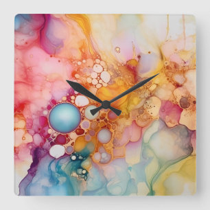 Relógio Quadrado Abstrato Liquid Pour Art Beach Vibes, Células de P