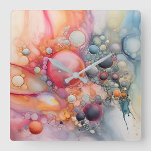 Relógio Quadrado Abstrato Liquid Pour Art Beach Vibes, Células de P
