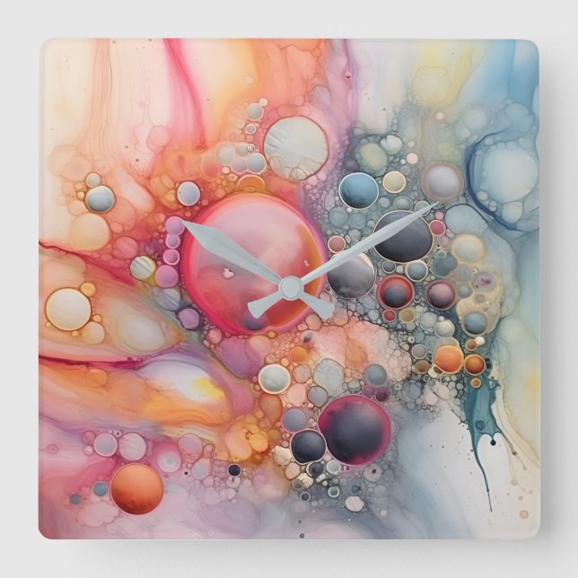 Relógio Quadrado Abstrato Liquid Pour Art Beach Vibes, Células de P (Frente)