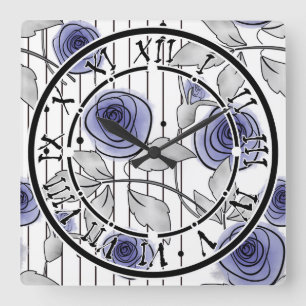 Relógio Quadrado Abstrato moderna rosas flores violeta cinza branca