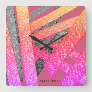 Relógio Quadrado Abstrato Personalizado Rosa Arco-íris Cinza Listra