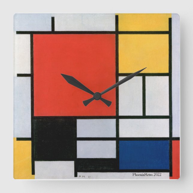 Relógio Quadrado Abstrato Piet Mondrian (Frente)