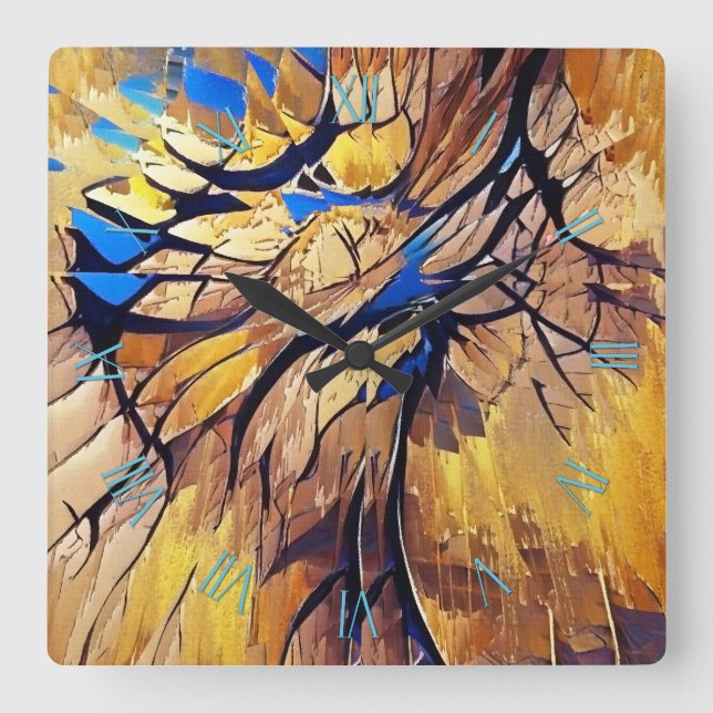 Relógio Quadrado Abstrato pintura em cores quentes (Frente)