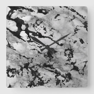 Relógio Quadrado Abstrato preto de prata cinzento branco de mármore