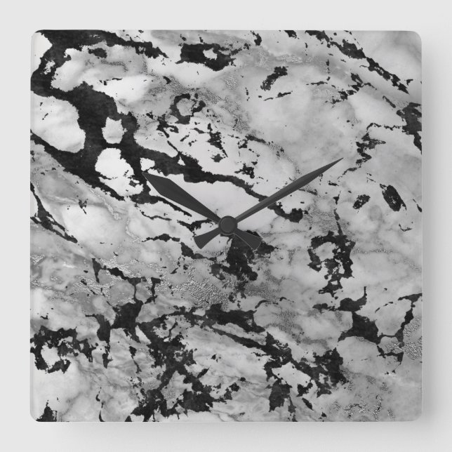Relógio Quadrado Abstrato preto de prata cinzento branco de mármore (Frente)