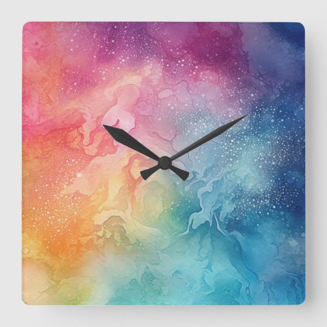 Relógio Quadrado Abstrato Rainbow Clouds Aquarela Arte Líquida (Frente)
