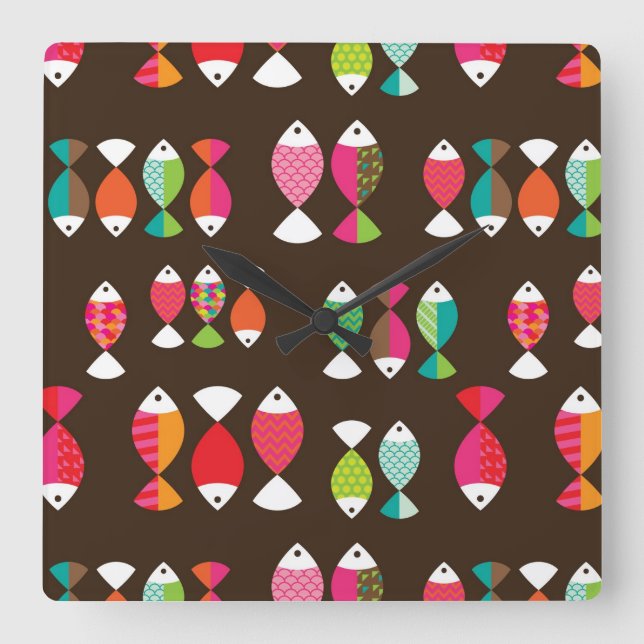 Relógio Quadrado Abstrato retro peixes submarinos 2 (Frente)